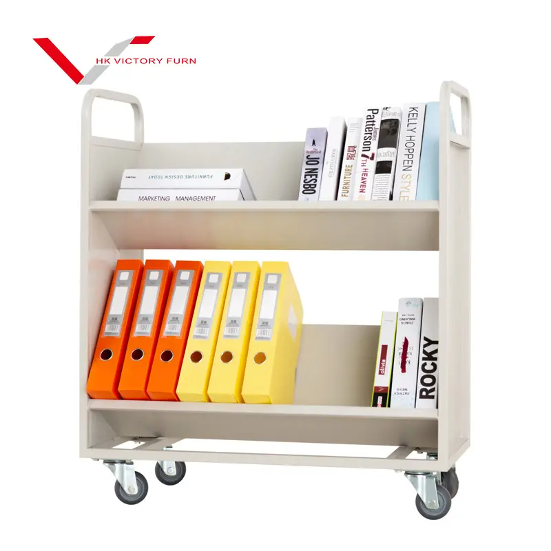 v shape Metal Double sided book cart on wheels 2 tier library literature book return mobile trolley Office document trolley