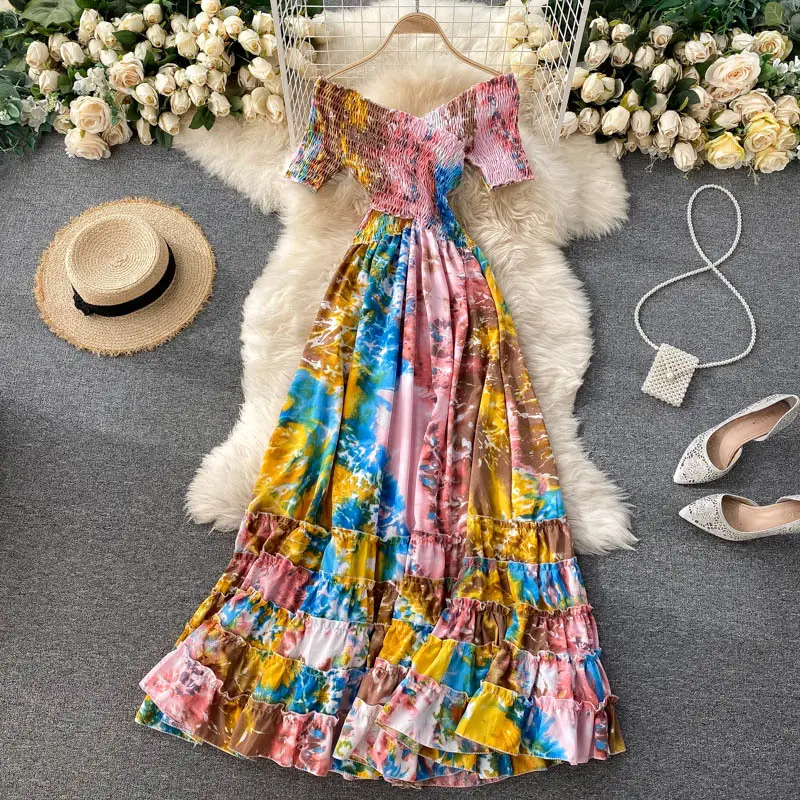 Women's Floral Party Beach Wear Flower Printed Casual Dresses Women Smocking off-Shoulder Maxi Shirring Dress For Ladies