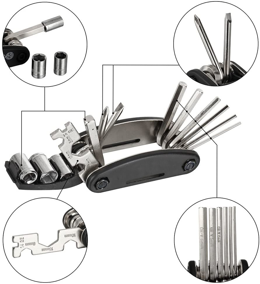 16 In 1 Multi-function Bike Bicycle Cycling Mechanic Repair Tool Kit With 3 Pcs Tire Pry Bars Rods