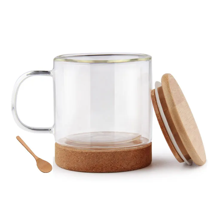New Arrival Double Wall Glass Mug with wood lid, Bamboo Fiber Glass Coffee Cup/ Mug with Handle and Natural Cork Base for tea