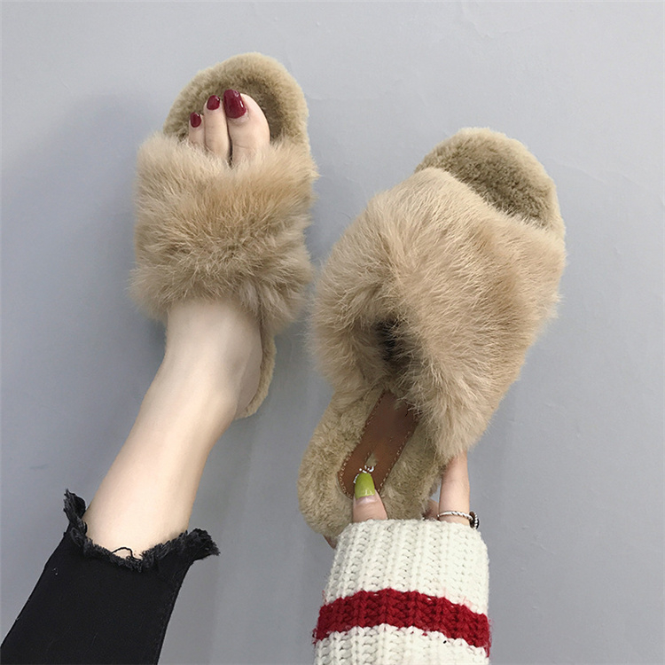 Manufacturer New Fall/Winter Fashion Faux Mink Rabbit Fur Thick-Soled Women Slippers