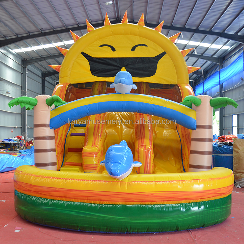 Popular Tropical Palm Tree water slide Double Lane Beach N sun Inflatable Water Slide with swimming pool Outdoor for sale