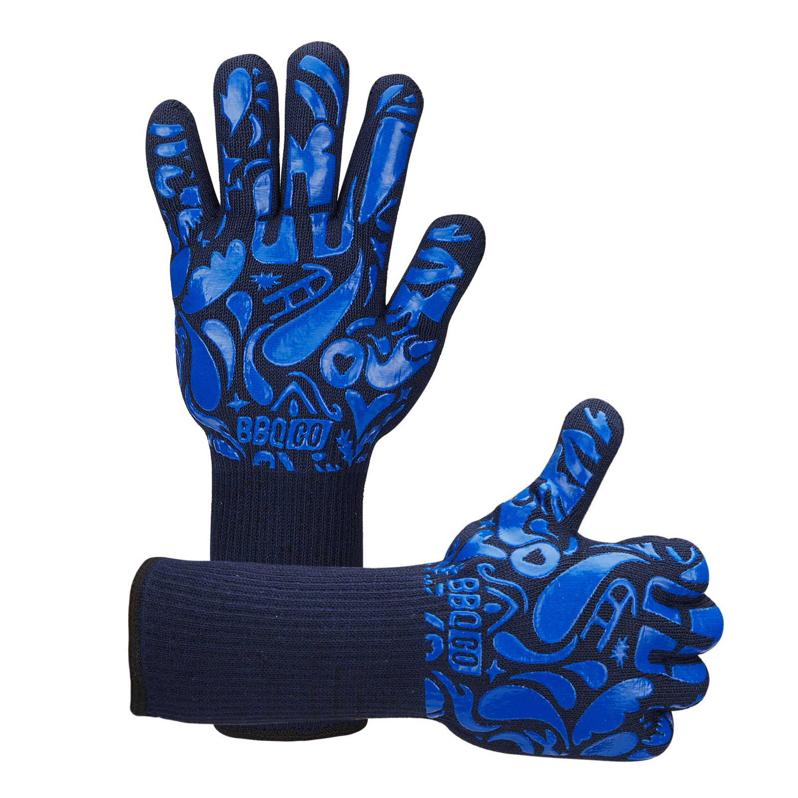Blue BBQ mitts with double-side silicon coat