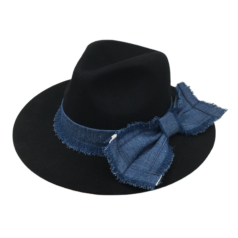 Stylish Autumn Winter Women Panama Jazz Fedora Hats High Quality Solid Color Black 100 Wool Hat With Bowknot