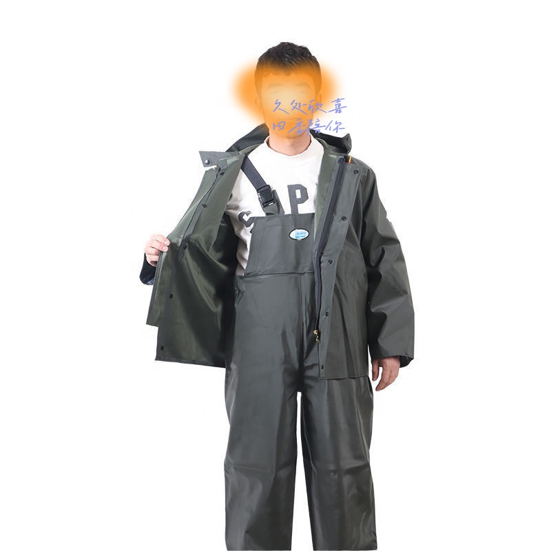 Custom Logo 100% waterproof rain clothes thick PVC jacket with bib pant two piece fishing coat