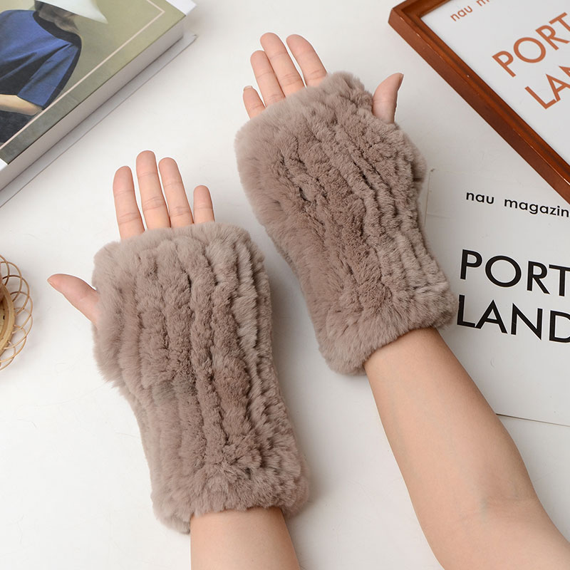 Fur Gloves Plain Comfortable Cute Gloves Daily Life Women's Winter Warm Rex Rabbit Fur Fingerless Computer Knit Female 5PCS