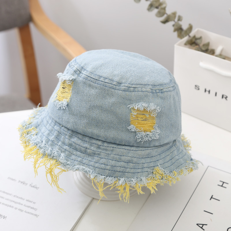 Hole Distressed Jean Kids Washed Denim Hats Baby Boy Girls Hats Tassel Toddler Caps for Baby Girl Jeans Kid Bucket Hat