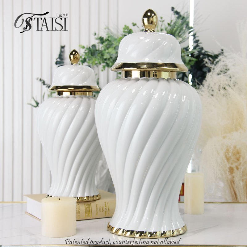 J296 Modern Gold and White Spiral Wavy pattern Ginger Jar Art Decor Design Glazed Tabletop Vase for Wedding other Home Decor