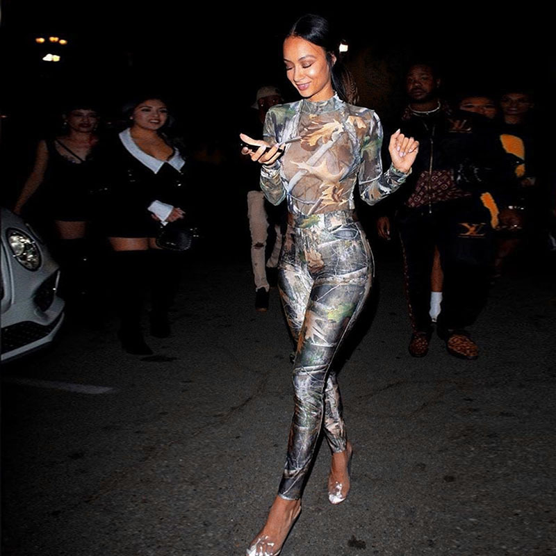 Hot Sale Women Leggings Sets Long Sleeve Stand Neck Printing Mesh Jumpsuits and Pants two pcs a sets for Streetwear Woman