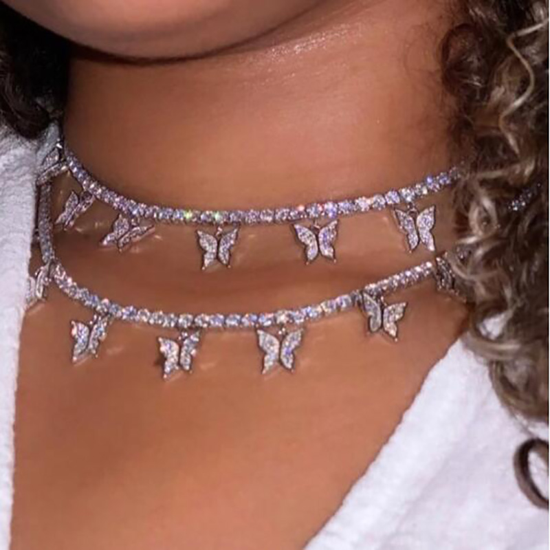 Bling кулон в форме бабочки с яркими кристаллами, многослойное украшение на шею в теннис цепи браслеты с подвесками с вышивкой алмаза и бабочки, ожерелье, ювелирные изделия