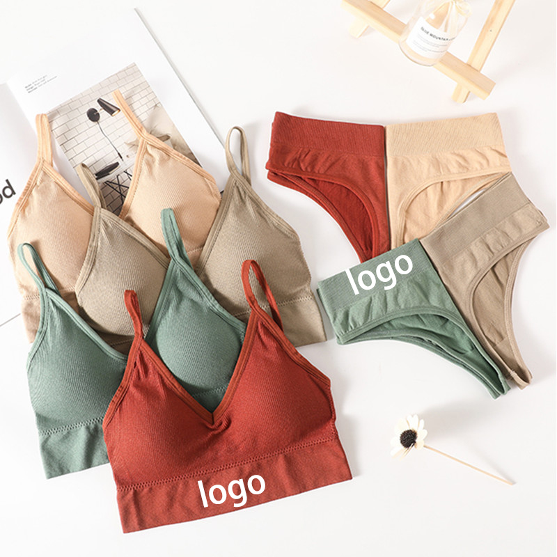 Custom ports Women Padded Bralette Panties Sexy Girls Fitness Teenage Crop Top Underwear Panty Seamless Cotton Bra Thong Set