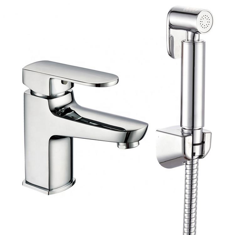 Single Handle Square Brass Basin Faucet with Bidet Shattaf for Toilet