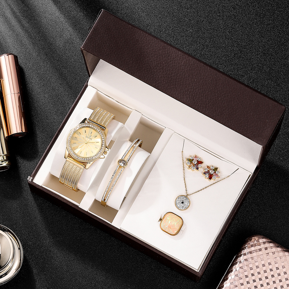 Подарок на день рождения 316 титановая сталь 5 шт Набор масок diamond gold серьги колье, браслет, кольцо ювелирные изделия