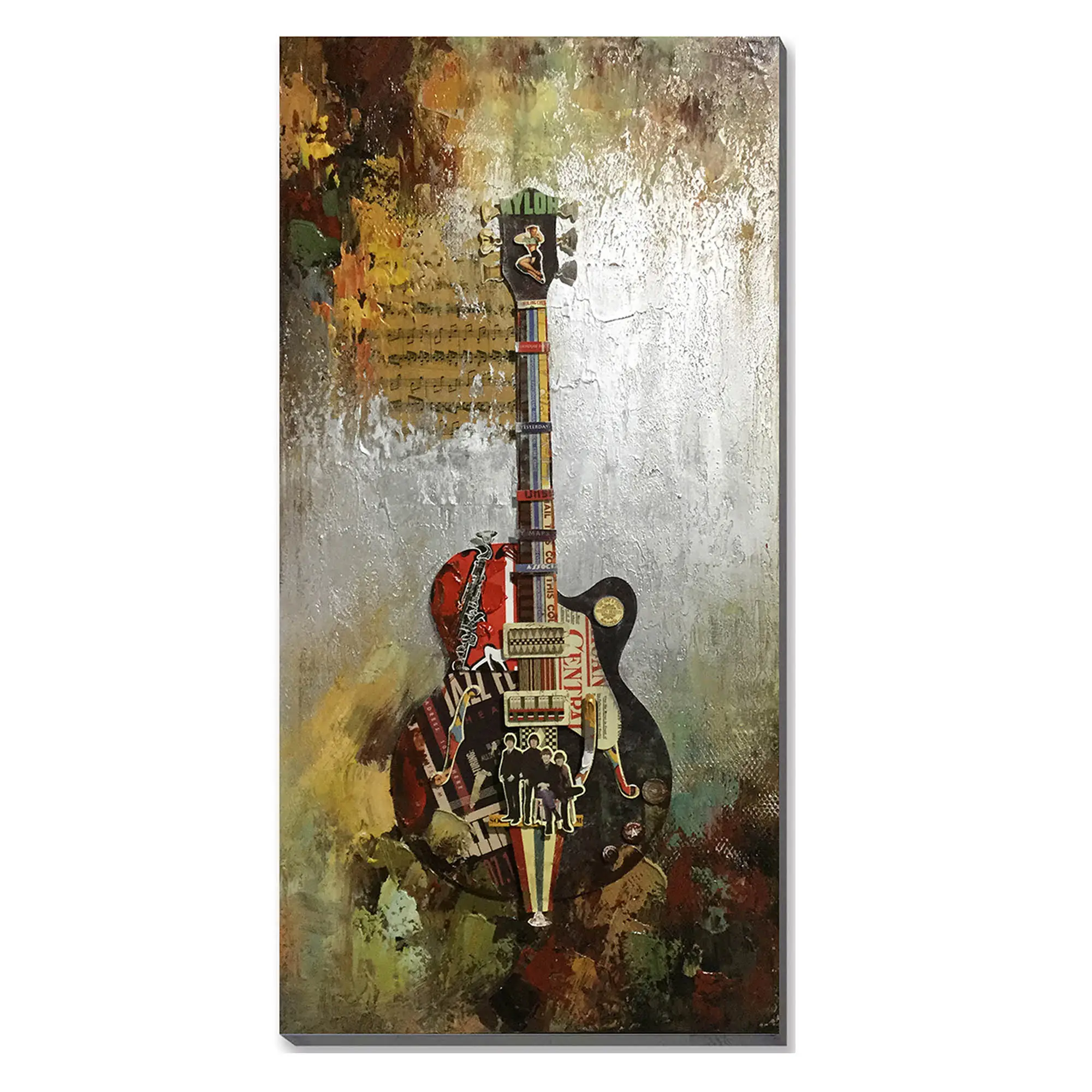 Home decor Abstract background oil Painting on canvas with black guitar paper collage art