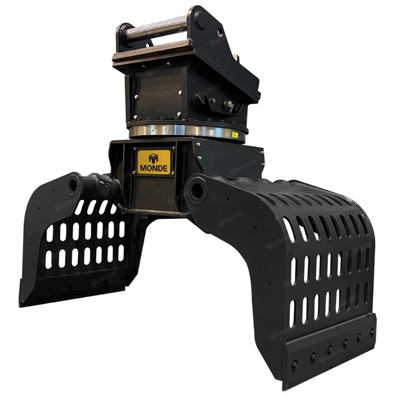 Excavator rotates grab to dismantle and sort grab scrap iron stone