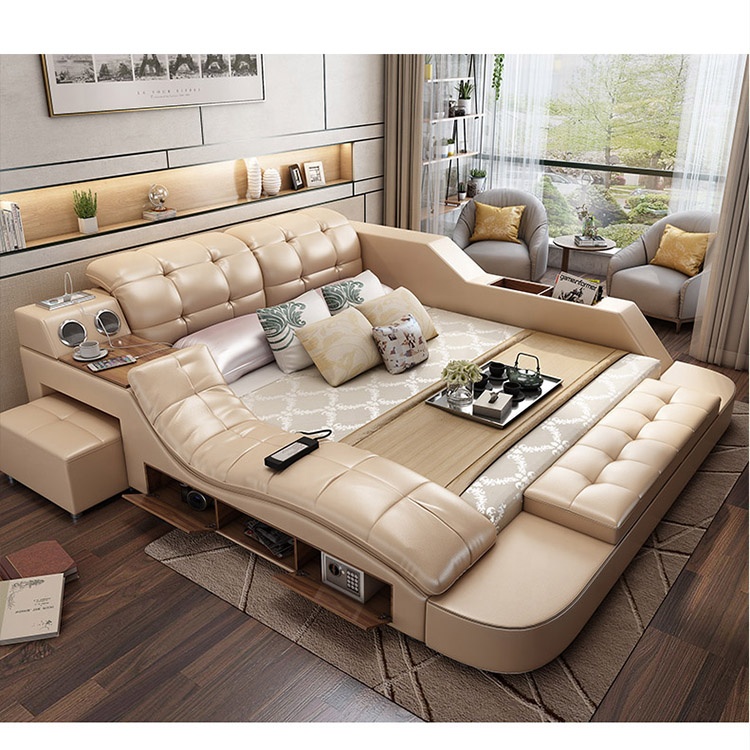 Modern leather fabric bed with storage box multimedia function bedroom furniture set