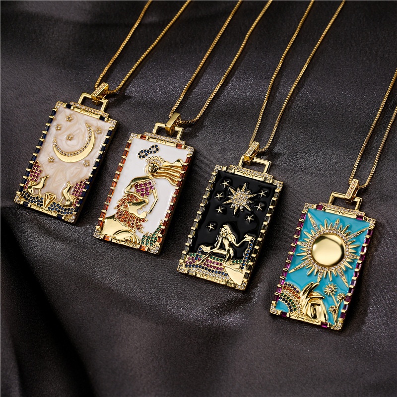 New Tarot Sun Moon Necklace Oil Painting Drop Oil Pendant Necklace Vintage Copper Gold Plated Enamel Necklaces Women Jewelry