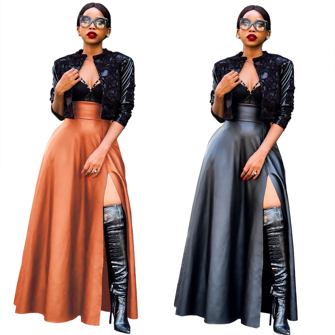 Think 2021 High waist PU leather skirts Elegant strap Long skirt streetwear BIG size Maxi Skinny Pleated High Split Skirt Women