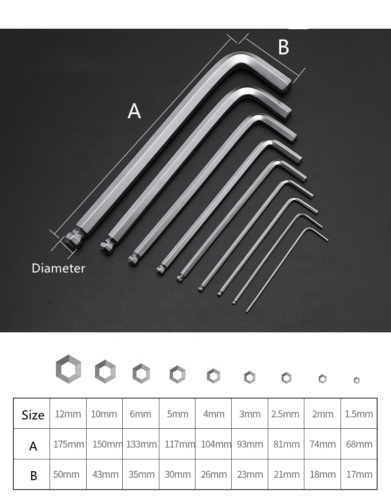 Allen Key Set 1.5-12mm Alloy Steel #45 Steel CRV 9pcs L Type Hex Allen Key Wrench Set Tool