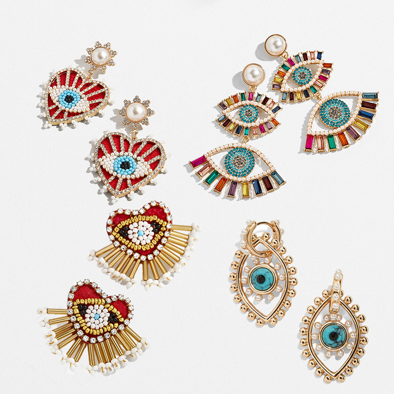 Kaimei Lucky Evil Statement Earrings Women Handmade Beaded Heart Drop Earrings Crystal Rhinestone Dangle Eye Earrings Jewelry
