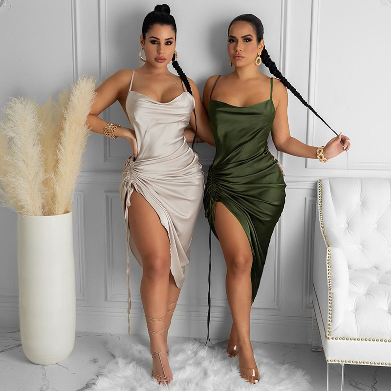 Sexy Casual Summer Women Clothing Spaghetti Straps Cowl Neck Sleeveless Backless Side Drawstring Elegant Midi Satin Party Dress