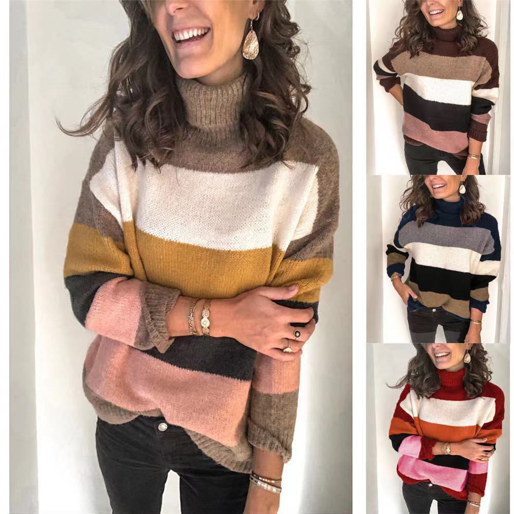 Winter New High-Neck Stitched Knitwear Plus Size Lady Striped Sweater Woman Knitwear Clothing
