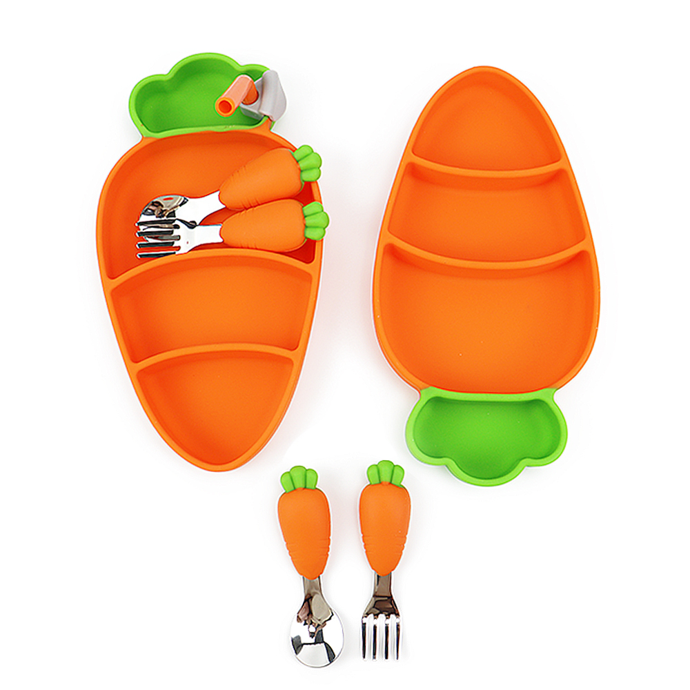 Waterproof Carrot Kids Dinner Silicone Character Baby Food Toddler Plate Set Silicone Plate And Spoon For Kids