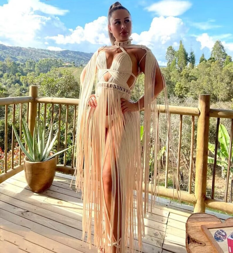 2025 boho Macrame beach Dress handmade cover up bachelorette burningman outfit party Beachwear shoulder wedding macrame Dress
