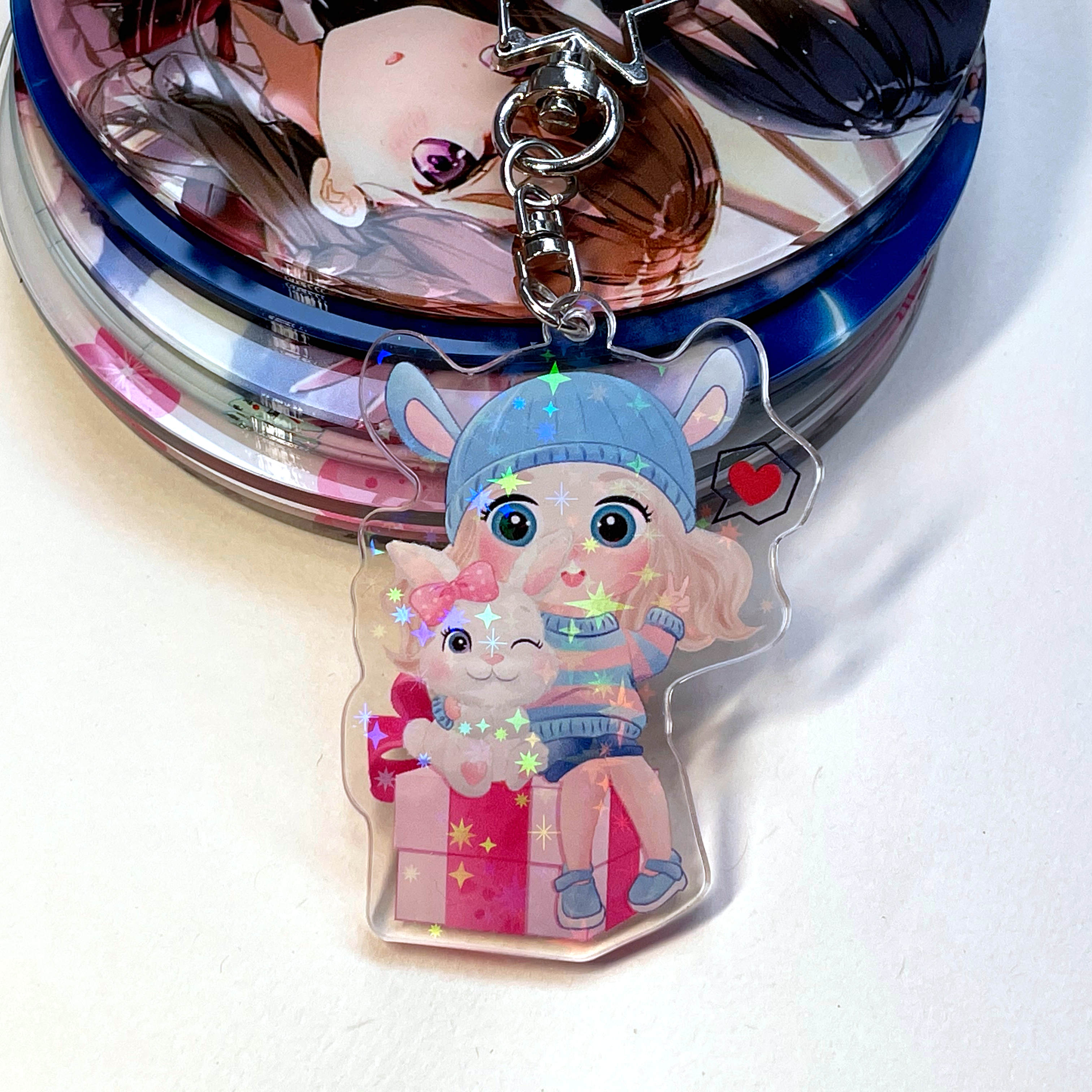 Chinese Logo Souvenir Hologram Resin Key Charms Acrylic Keychain Custom with Glitter Shinning Lid