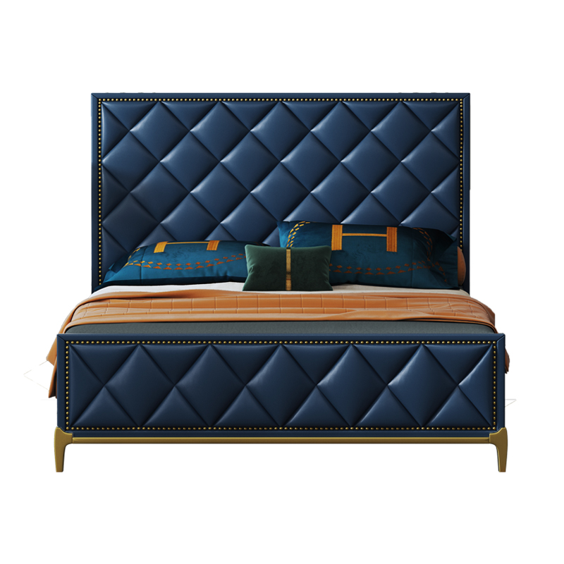 Golden Stainless Steel Frame Diamond Pattern Bedroom Furniture Luxury European Modern Leather Double Bed