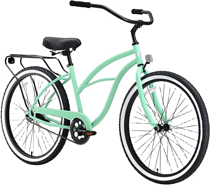 Beyond Sports Around The Block women's one-speed Beach Cruiser with 26-inch wheels, Mint Green, black seats and a grip