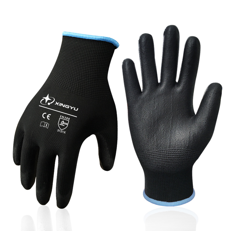 XINGYU High Quality Custom CE Certificated EN388 Black PU Rubber Gloves Garden Mechanic Flexible PU Coated Safety Work Gloves