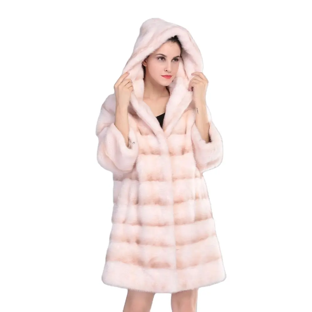 Женское пальто из 100% натурального меха норки розового цвета с капюшоном