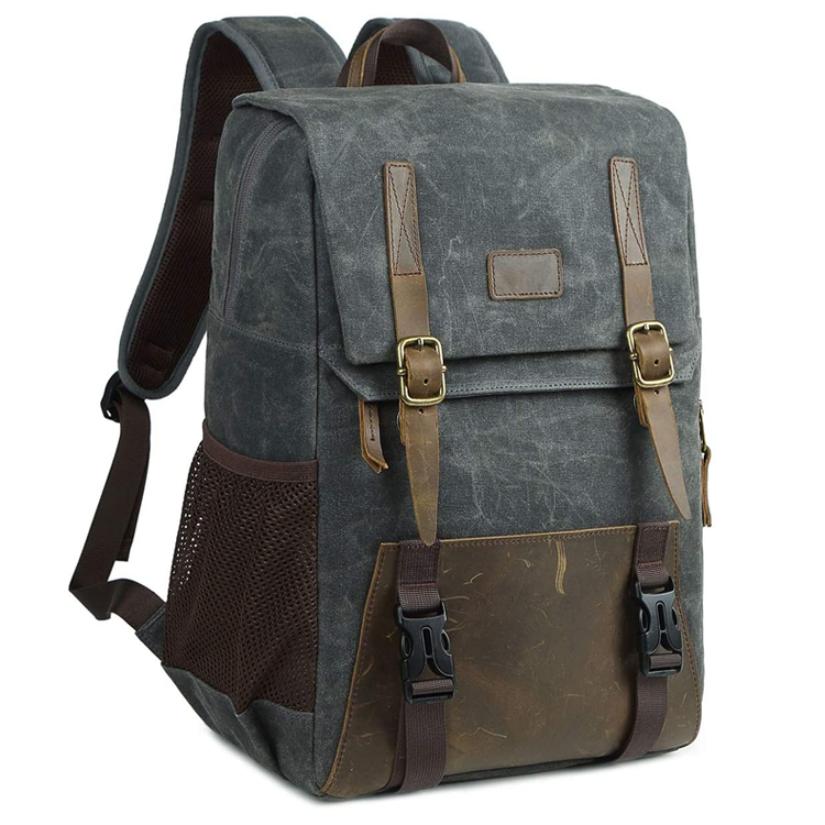 Heavy Duty New Customized Canvas Leather Water-repellent USB Laptop Bag DSLR SLR Camera Backpack for Men Women