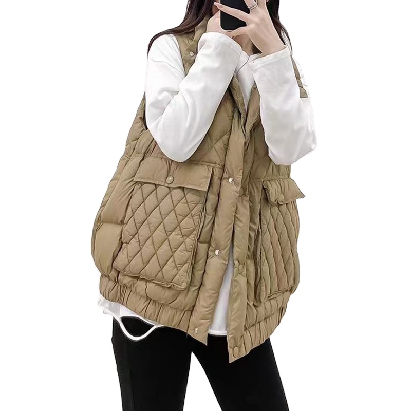 TWOTWINSTYLE Vintage Sleeveless Casual Plaid Dual Pocket Irregular Down Vest