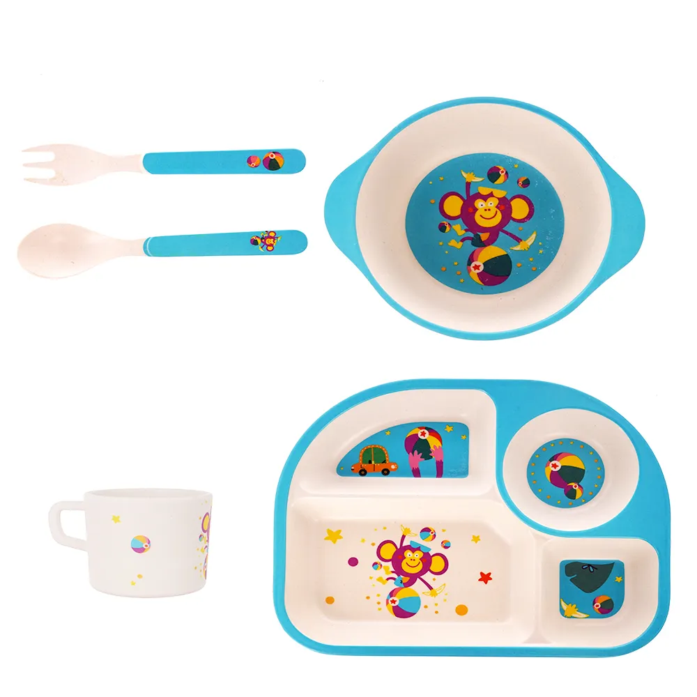2021 Best Selling OEM Disposable Food Grade Cute Color Enamel Plate Set Bamboo Fiber 5pc Tableware Set Carton for children