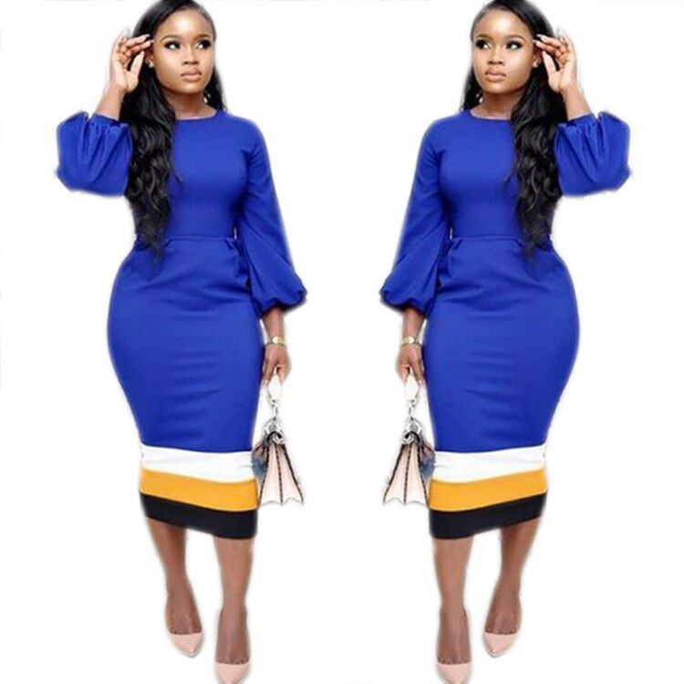 European and American fashion women's long-sleeved stitching round neck dress