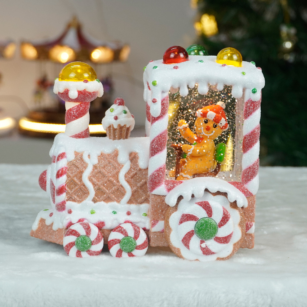 Christmas Train Gingerbread Lantern Led Lighted Water Spinning Glitter Snow Globe Indoor Home Decoration