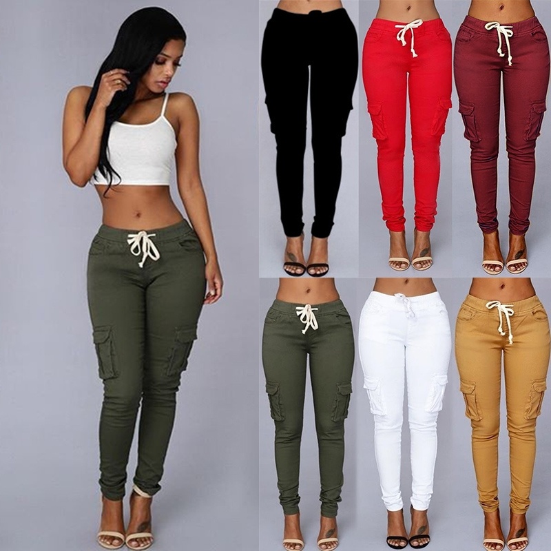 Custom Autumn Women's Multi-bag Drawstring Tie Casual Solid Pants Low Waist Fashion Tights Long Trousers Skinny Pant for Ladies