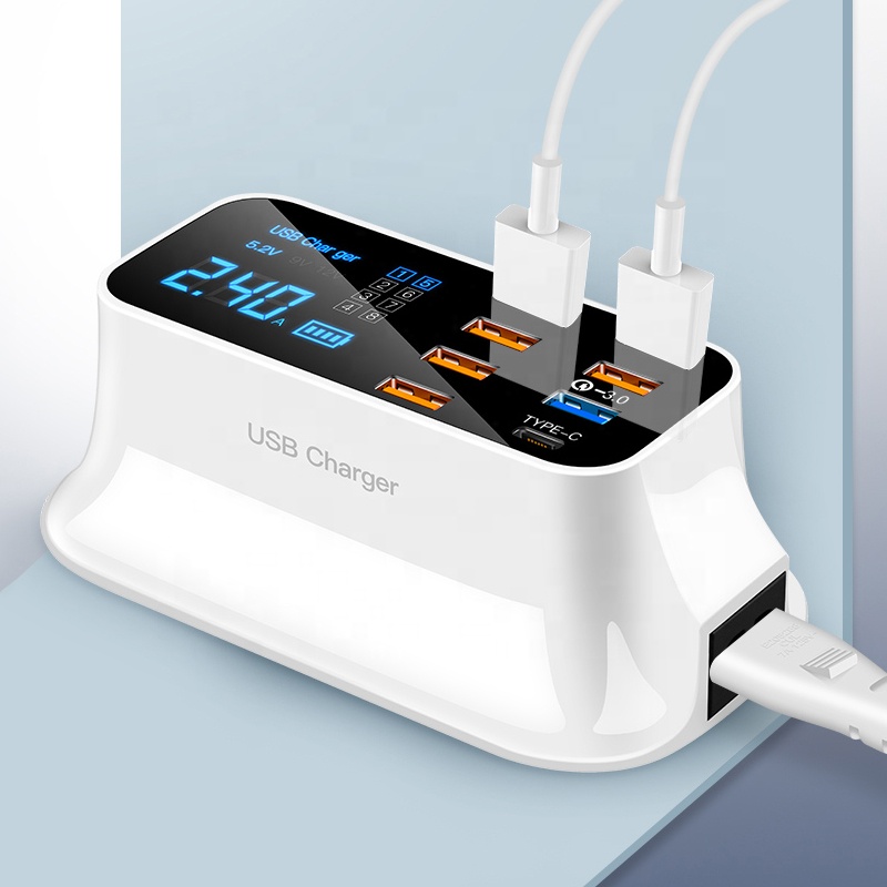 Desktop Multi Port USB Charging Station with LED Display QC 3.0 Type C Fast Charging Portable Charging Dock for Phone Tablet