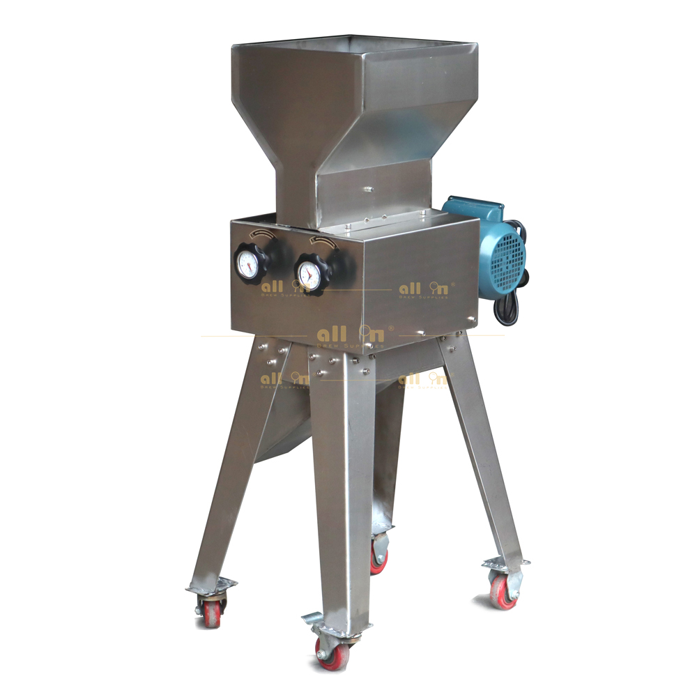 ALL IN Cheap Automatic Moveable Stainless Steel Outshell 2 Roller Malt Mill Malt Crusher Grain Grinder with Universal Wheels