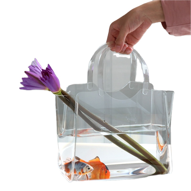 Vases GIEMZA Acrylic Bag Vase Transparent Bags Shopping Basket Desktop Small Fish Tank Flower Pots Fashion Street Shot Props