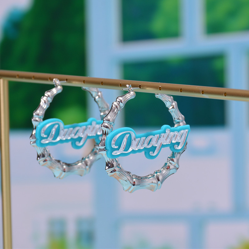 Women Hip Hop oversize Acrylic Hoop Customized font Earrings Personalized Gift Custom Name Bamboo Earrings