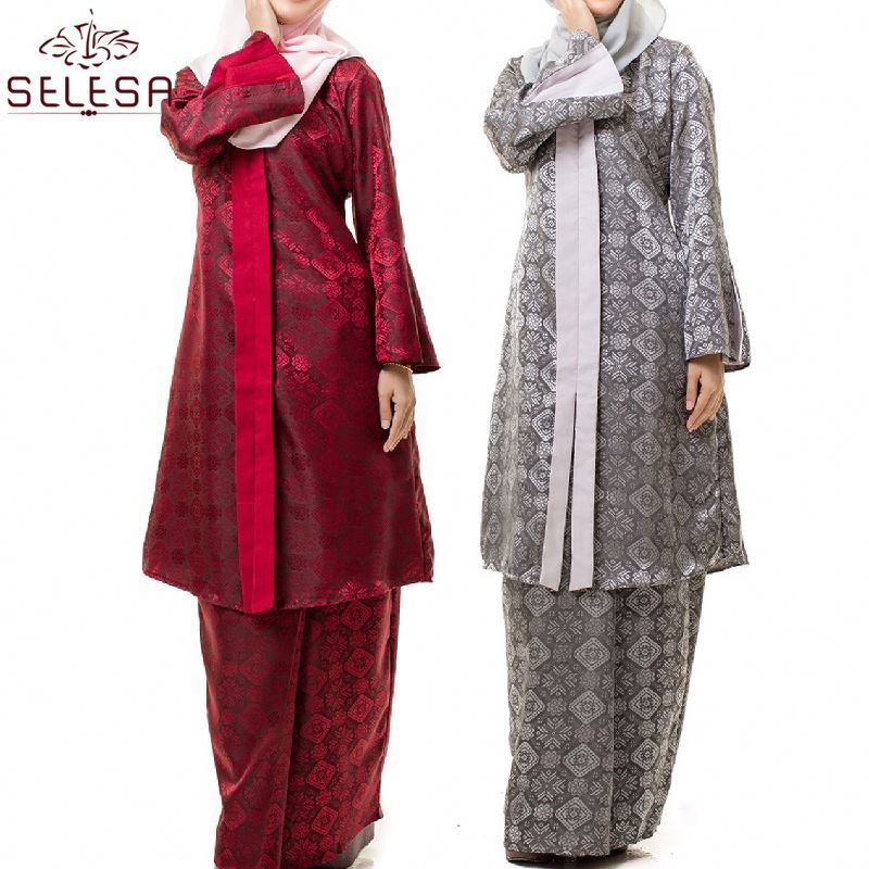 Kemeja Ladies Fashion Muslim Women Clothing Nice Beaded Style Elegant Front Half Zip Peplum Suit Wholesale Baju Kurung