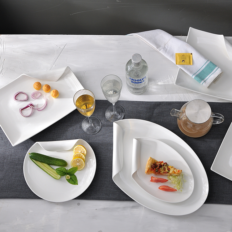 Horeca Hotelware Unique Roll Up Edge Design Chinese Ceramic Oval Plates Serving Dish Platter White Porcelain Plate