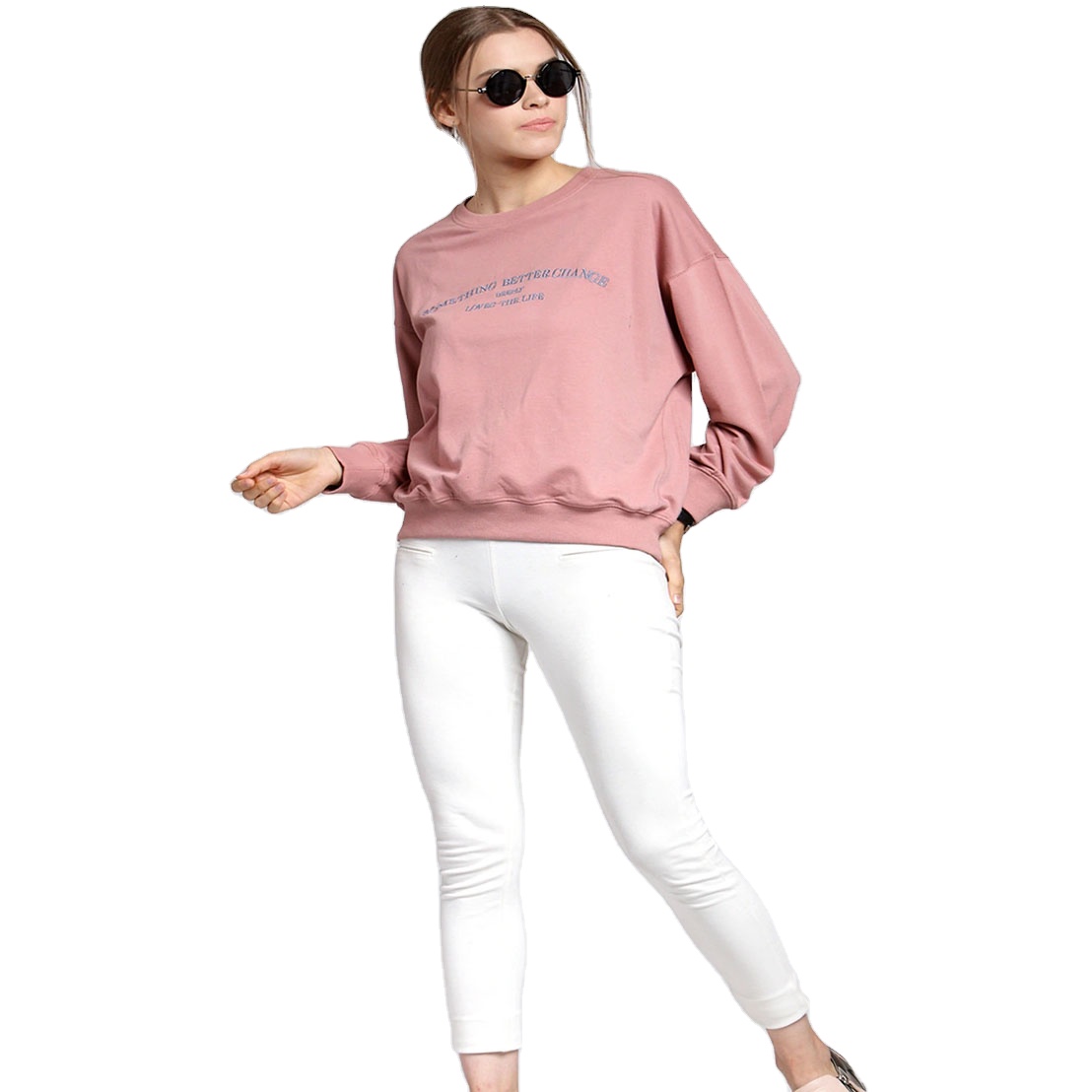 New Fashion ladies organic cotton pink women embroidered crewneck sweatshirt