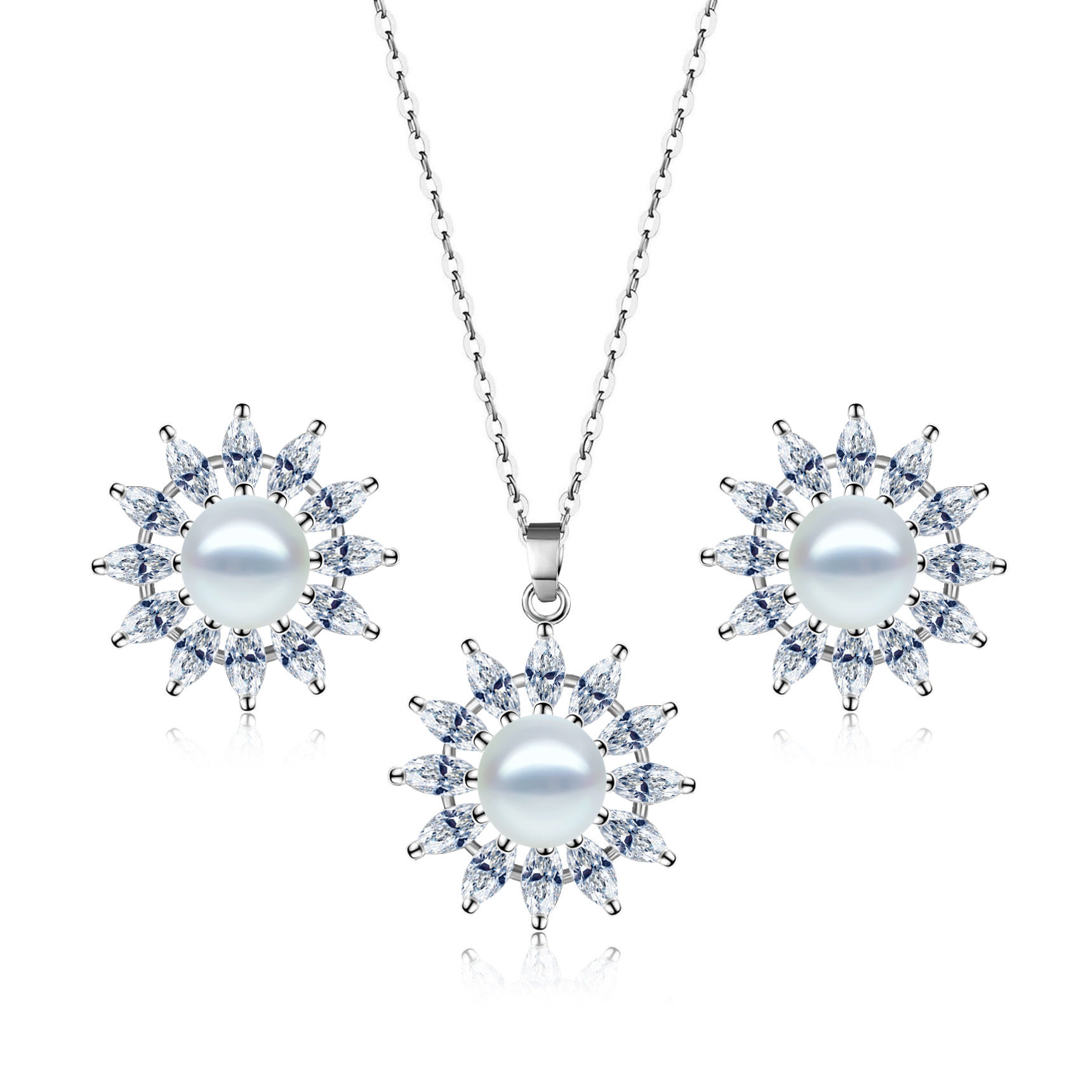 Hainon cheap jewelry set stud earring necklace Flower White zircon Pearl 925 silver plated white zircon Cheap wholesale