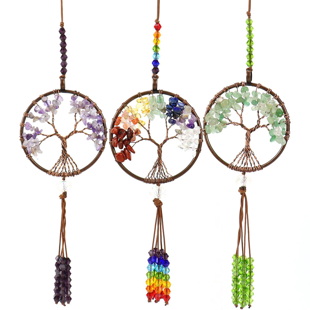 Natural Gravel Colorful Stone Ornaments Tree of Life Car Hanging Handmade Crystal Tassel Wall Hanging Crystal Decoration