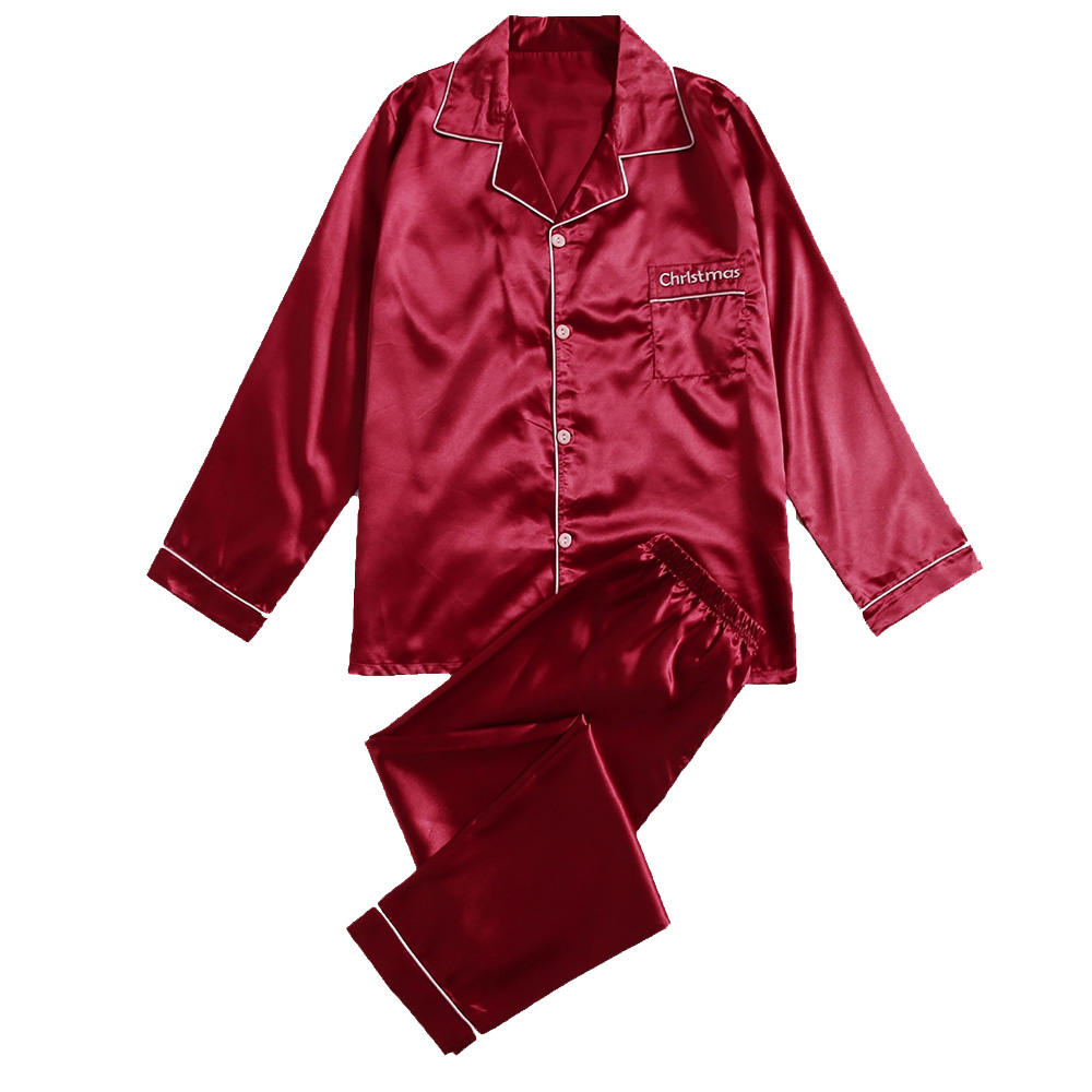 Factory Wholesales Christmas Women Satin Long Pajamas Set Two Pieces Silk Long Sleeve Logo Embroidery Sleevewear