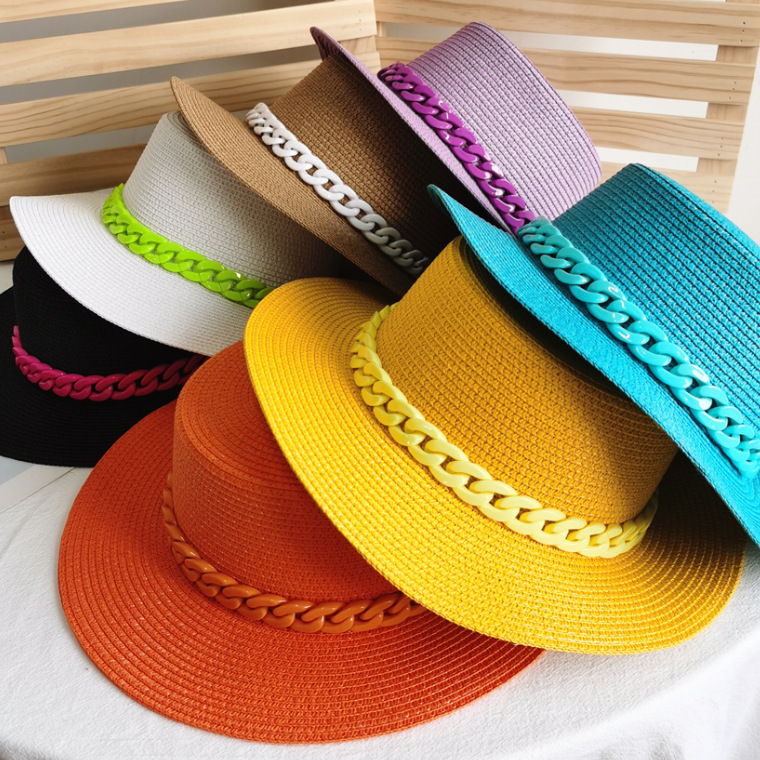 Macaron Color Women Boater Beach Hat Chain Wide Side Classic Flat Top Straw Sun hat